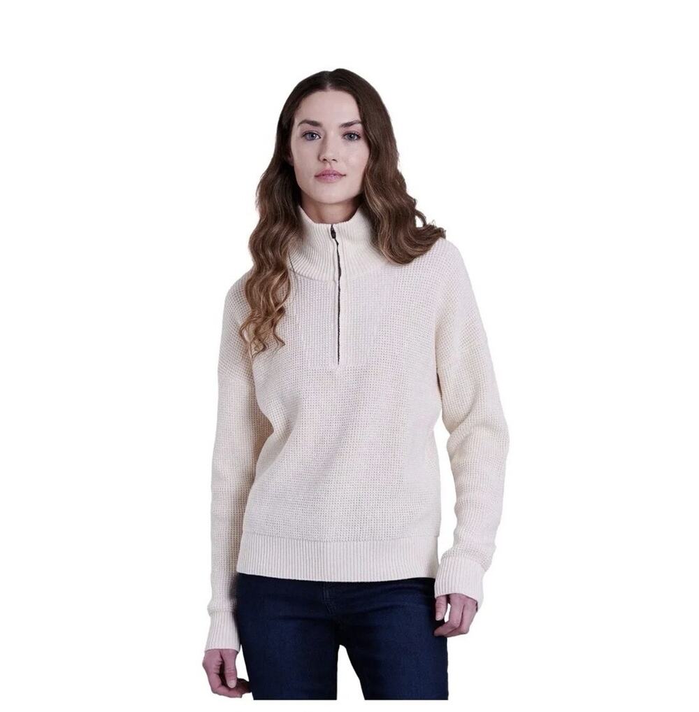 Kuhl Norda Women's 1/4 Zip XL Sweater Merino Wool Organic Cotton Blend Stone